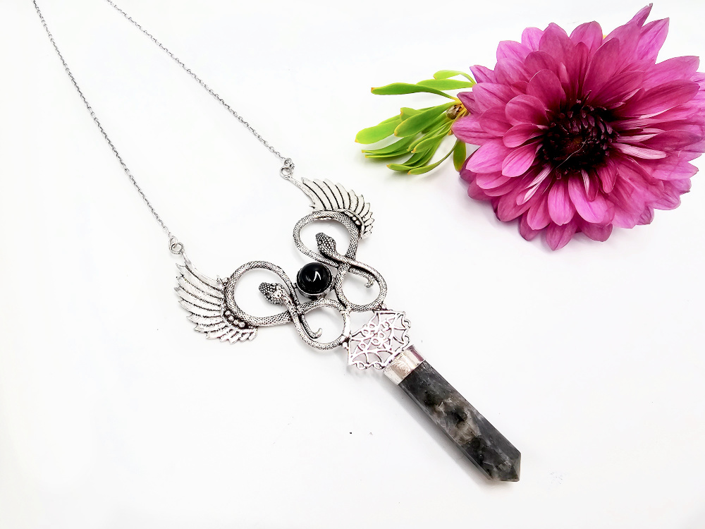 Double Snake Winged Larvikite Necklace (W/Brass) Double Snake Winged Larvikite Necklace