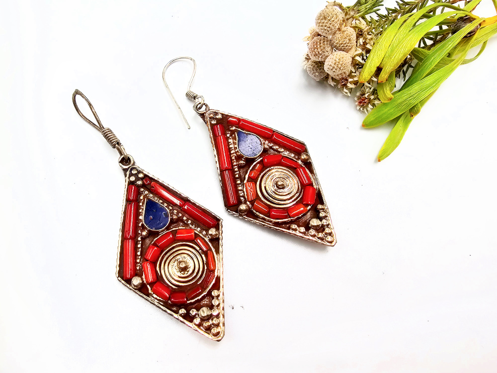 Tibetan Earrings Spiral Diamonds, Tibetan Earrings Spiral Diamonds,