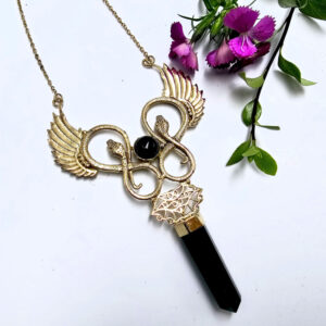Double Snake Winged Black Onyx Necklace (Brass)