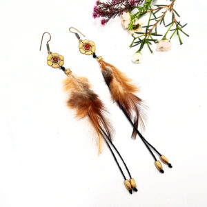 Brass Feather Earrings – Moonstone & Mandala
