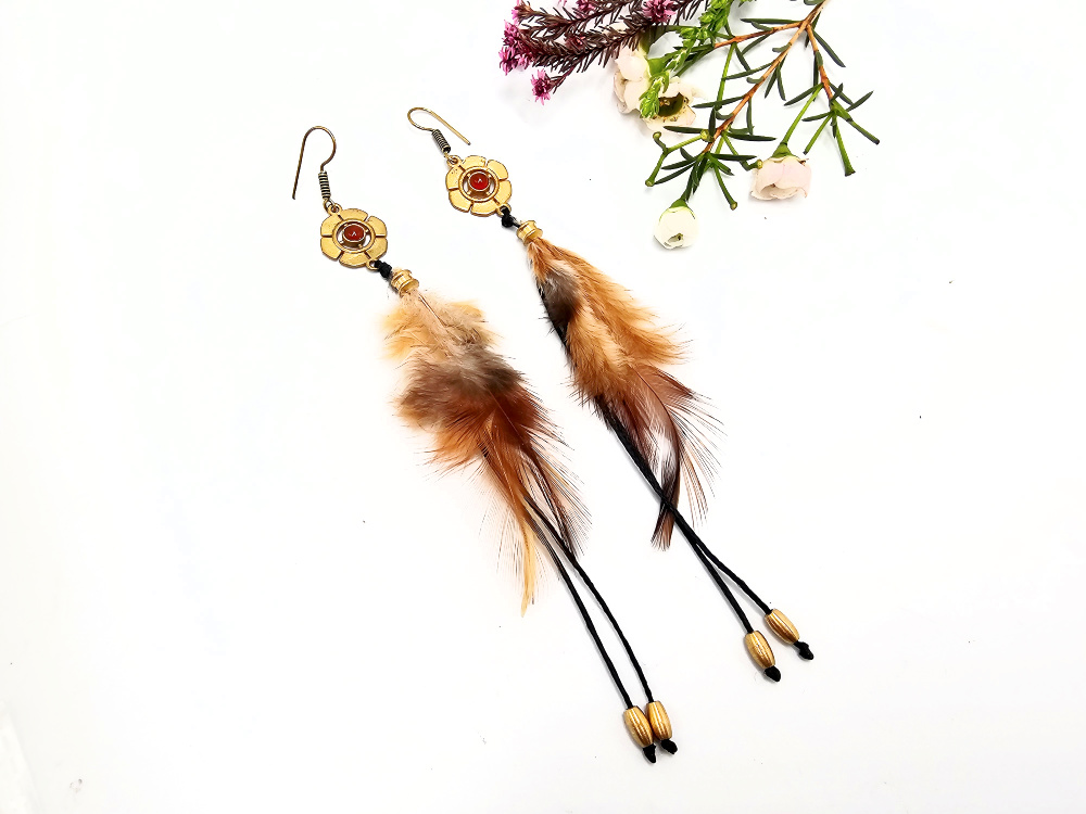 Brass Feather Earrings – Moonstone & Mandala Brass Feather Earrings – Moonstone & Mandala