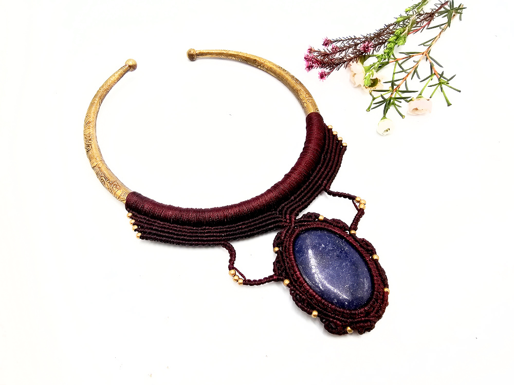 Brass Macramé Choker Necklace Lapis Lazuli Maroon Brass Macramé Choker Necklace