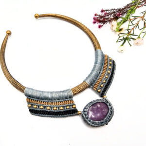 Brass Macramé Choker Necklace Lepidolite Blue