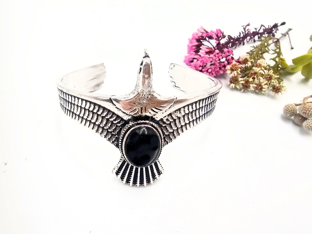 Eagle Bangle – Black Obsidian (White Brass) Eagle Bangle with a black obsidian stone