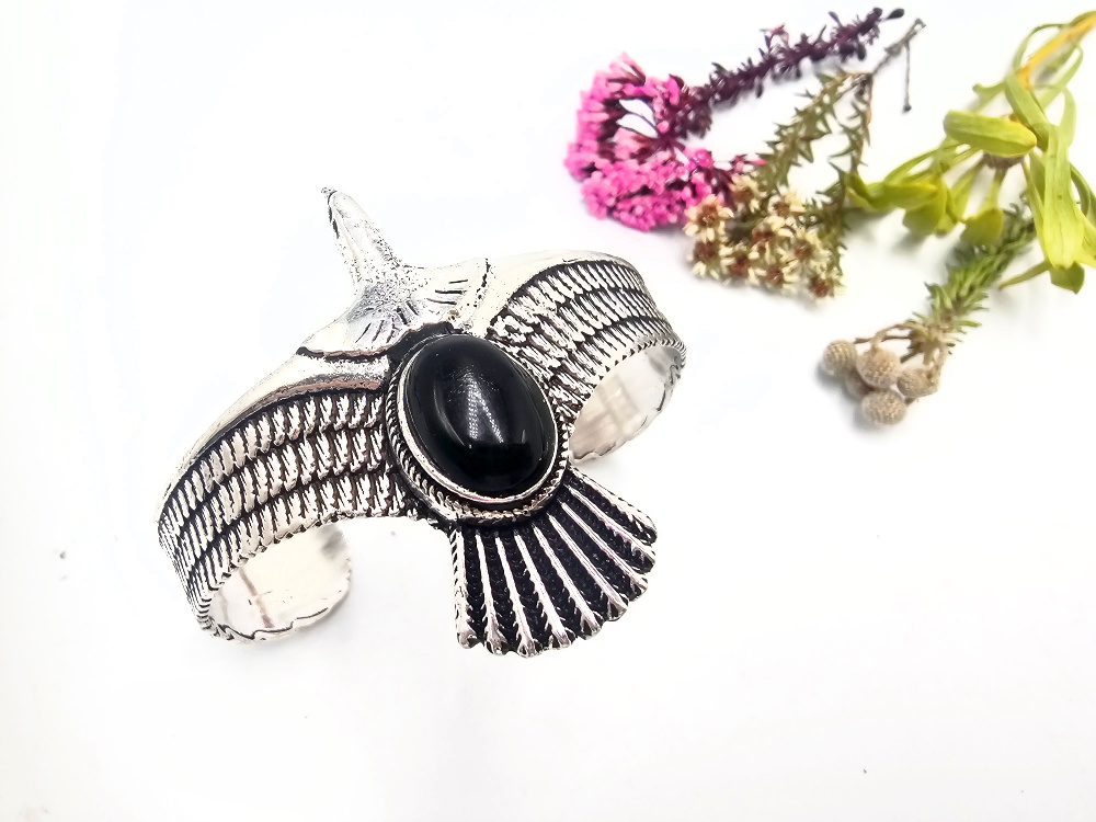 Eagle Bangle – Black Obsidian (White Brass) Eagle Bangle – Black Obsidian (White Brass) - Image 2
