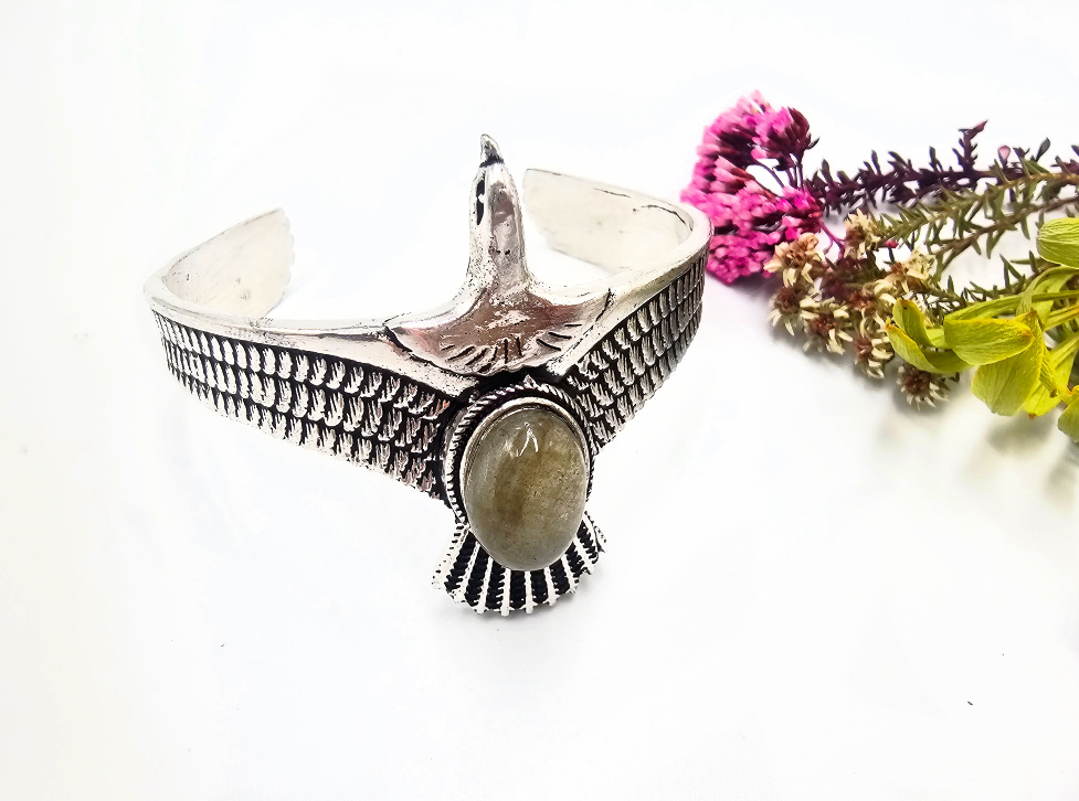 Eagle Bangle – Labradorite (White Brass) Eagle Bangle with Labradorite stone