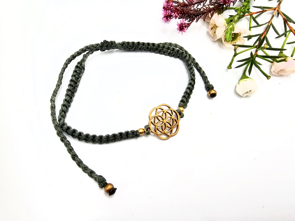 Macramé Brass Bangle Seed of Life (Green) Macramé Brass Bangle