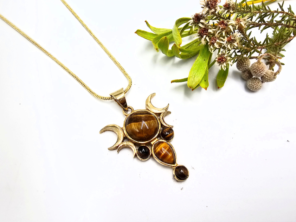 Triple Moon Necklace – Golden Eclipse Tigers Eye (Brass) Tigers eye triple moon pendant
