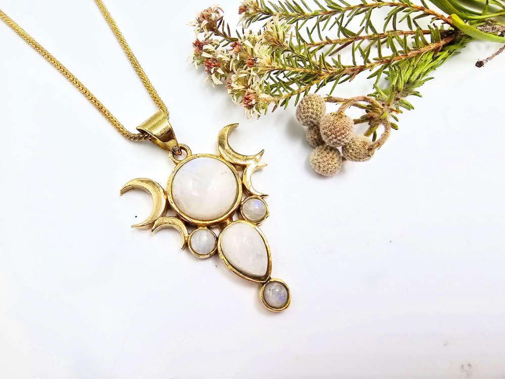 Triple Moon Necklace – Celestial Flash Moonstone (Brass) Triple Moon Necklace