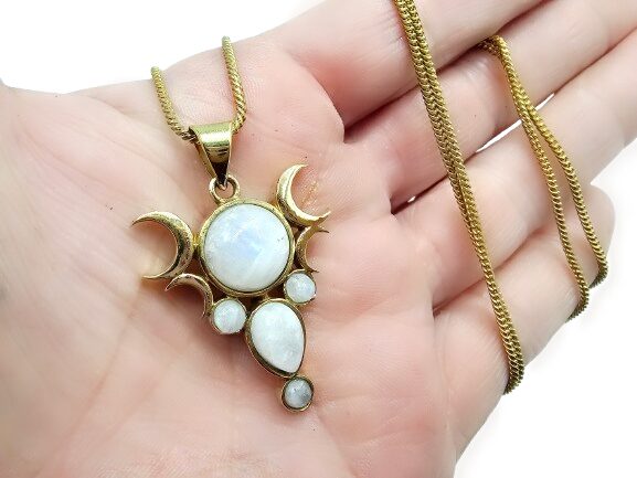 Triple Moon Necklace – Celestial Flash Moonstone (Brass) Triple Moon Necklace – Celestial Flash Moonstone (Brass) - Image 2
