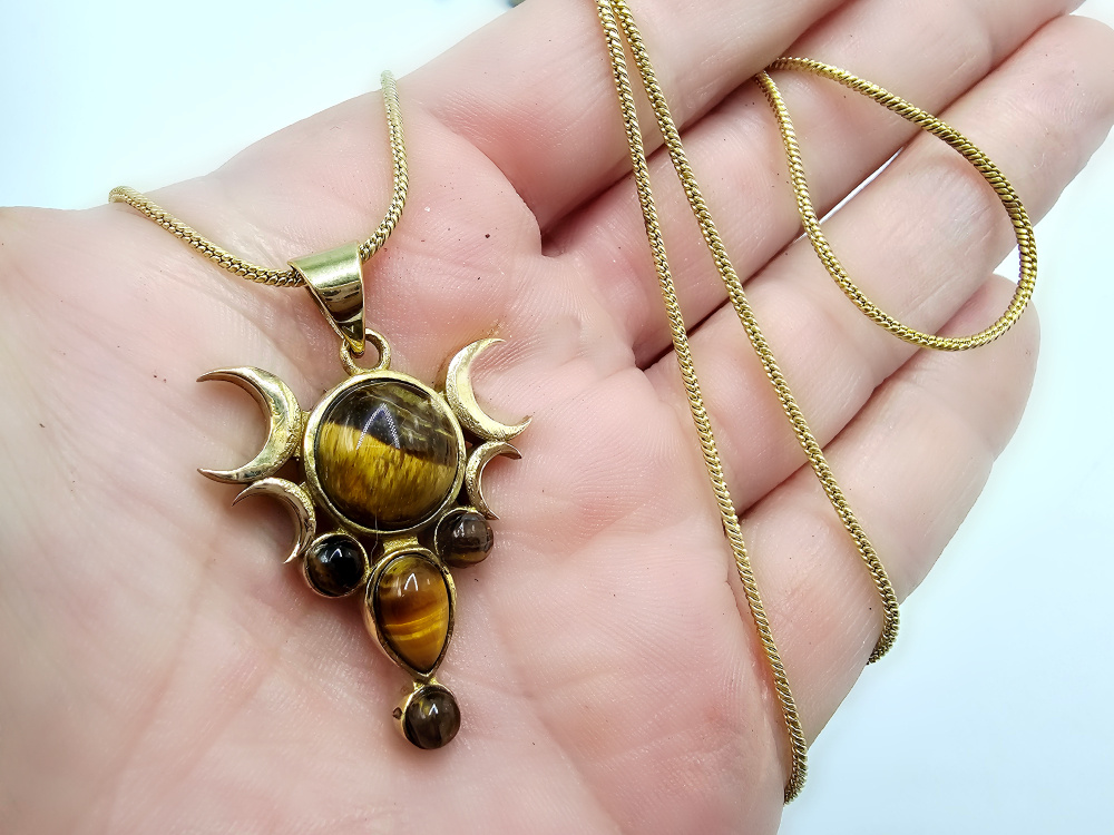 Triple Moon Necklace – Golden Eclipse Tigers Eye (Brass) Triple Moon Necklace – Golden Eclipse Tigers Eye (Brass) - Image 2