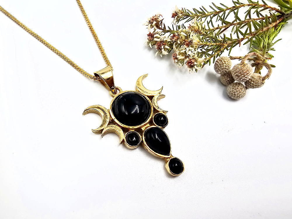 Triple Moon Necklace – Midnight Veil Black Onyx (Brass) Triple Moon Necklace black Onyx