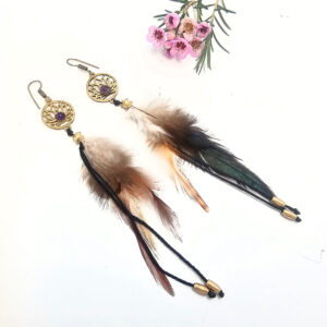 Brass Feather Earrings (Amethyst & Lotus Flower)