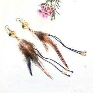 Brass Feather Earrings (Black Onyx & OM sign)