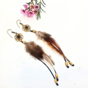 Brass Feather Earrings (Black Onyx & Seed of Life)