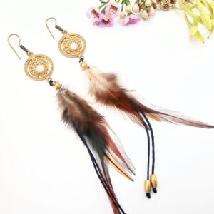 Brass Feather Earrings (Moonstone & Hamsa Hand)