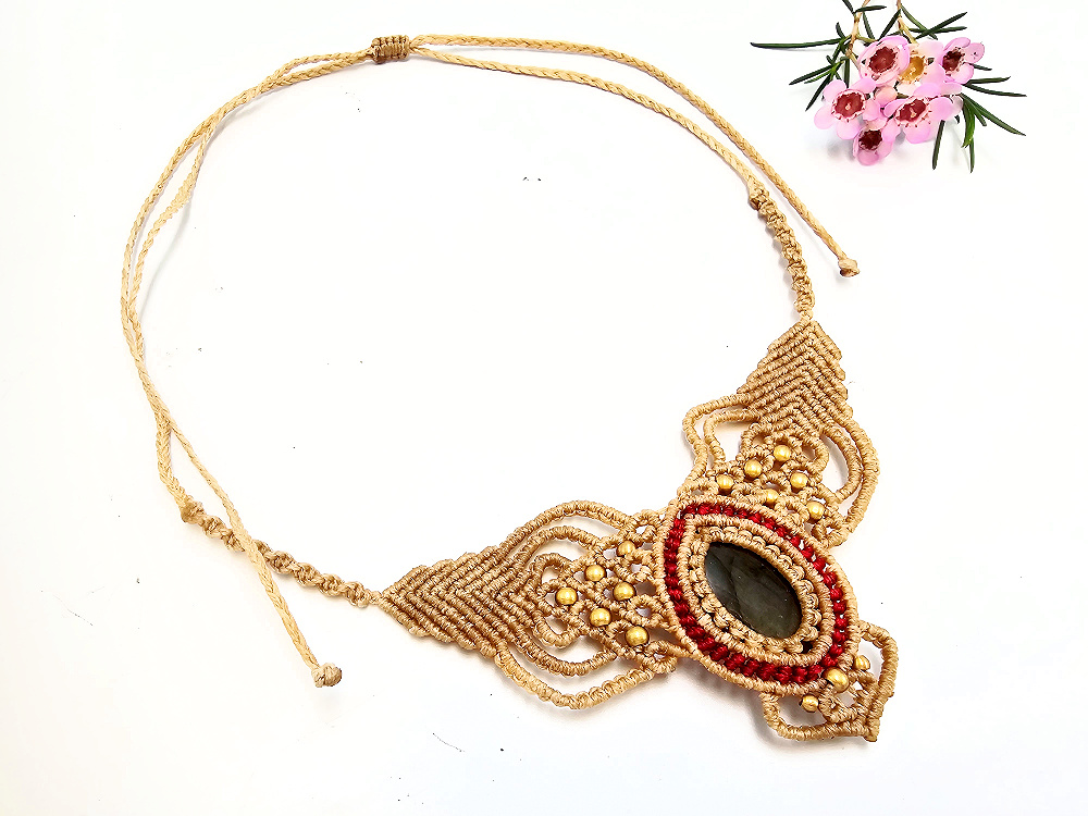 Choker Necklace Macrame Labradorite Cream & Red Choker Necklace Macrame