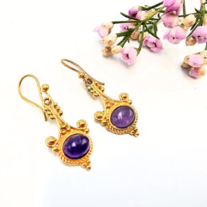 Detailed Drop Amethyst Earrings (Brass)