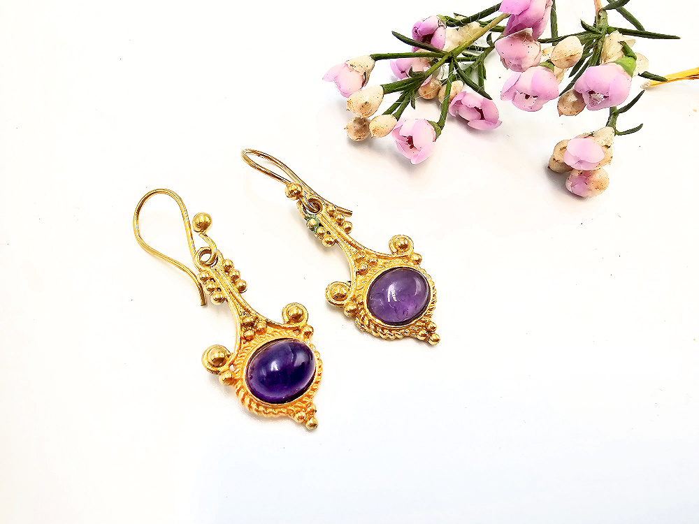 Detailed Drop Amethyst Earrings (Brass) Detailed Drop Amethyst Earrings