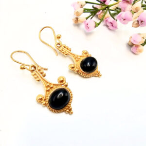 Detailed Drop Black Onyx Earrings (Brass)