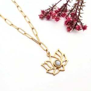 Hello Indigo Halo Online Store Moonstone Lotus Necklace (Brass)