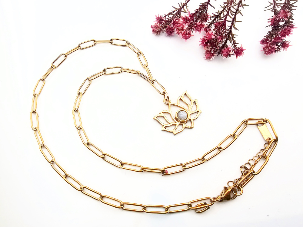 Moonstone Lotus Necklace (Brass) Moonstone Lotus Necklace (Brass) - Image 2