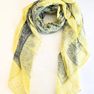 Vintage Indian Cotton Scarf – Yellow & Blue Mystic Flowers
