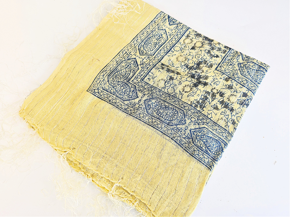 Vintage Indian Cotton Scarf – Yellow & Blue Mystic Flowers Vintage Indian Cotton Scarf – Yellow & Blue Mystic Flowers - Image 2
