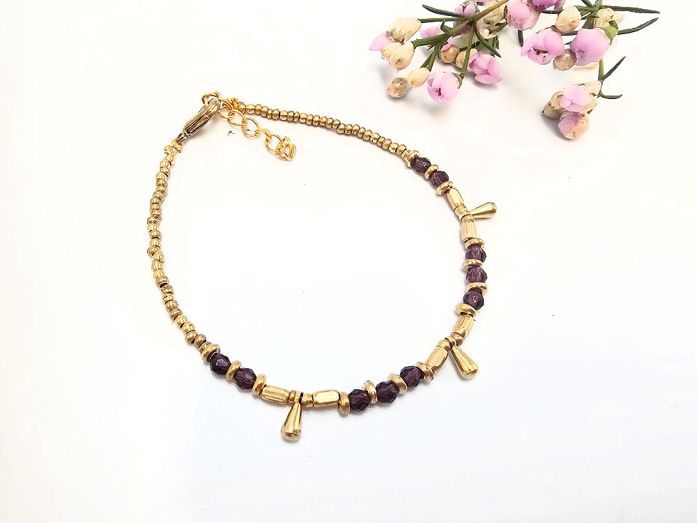 Brass Bead Bangle - Red Garnet Drop Brass Bead Bangle