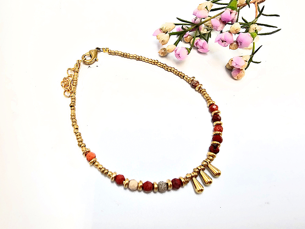 Brass Bead Bangle - Red Jasper Drops Brass Bead Bangle - Red Jasper Drops