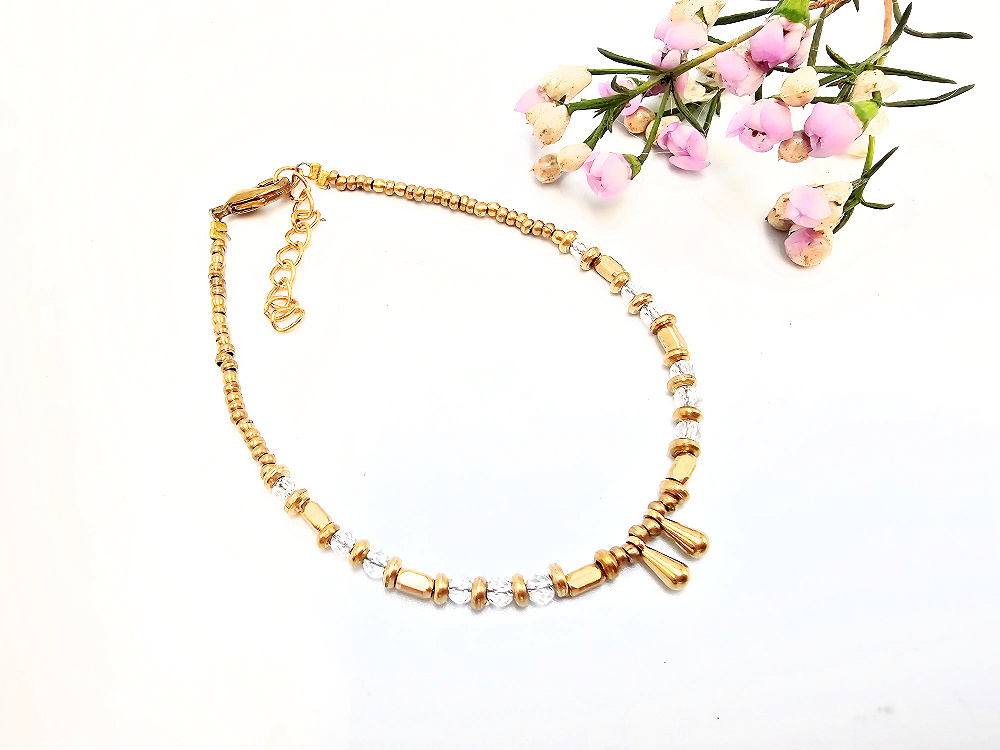 Brass Bead Bangle - Clear Quartz Brass Bead Bangle - Clear Quartz